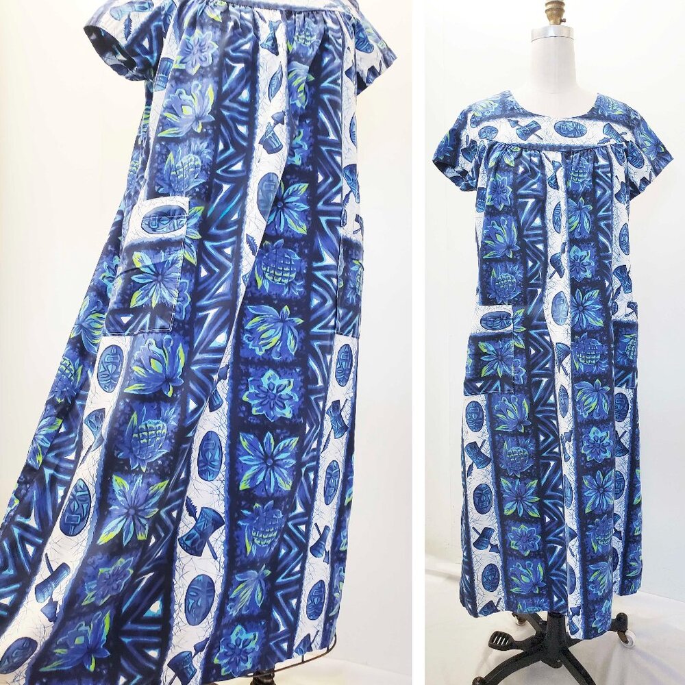 Vintage Ui-Maikai Womens 60s Hawaiian Hawaii Tiki Mumu Dress Blue Cotton.